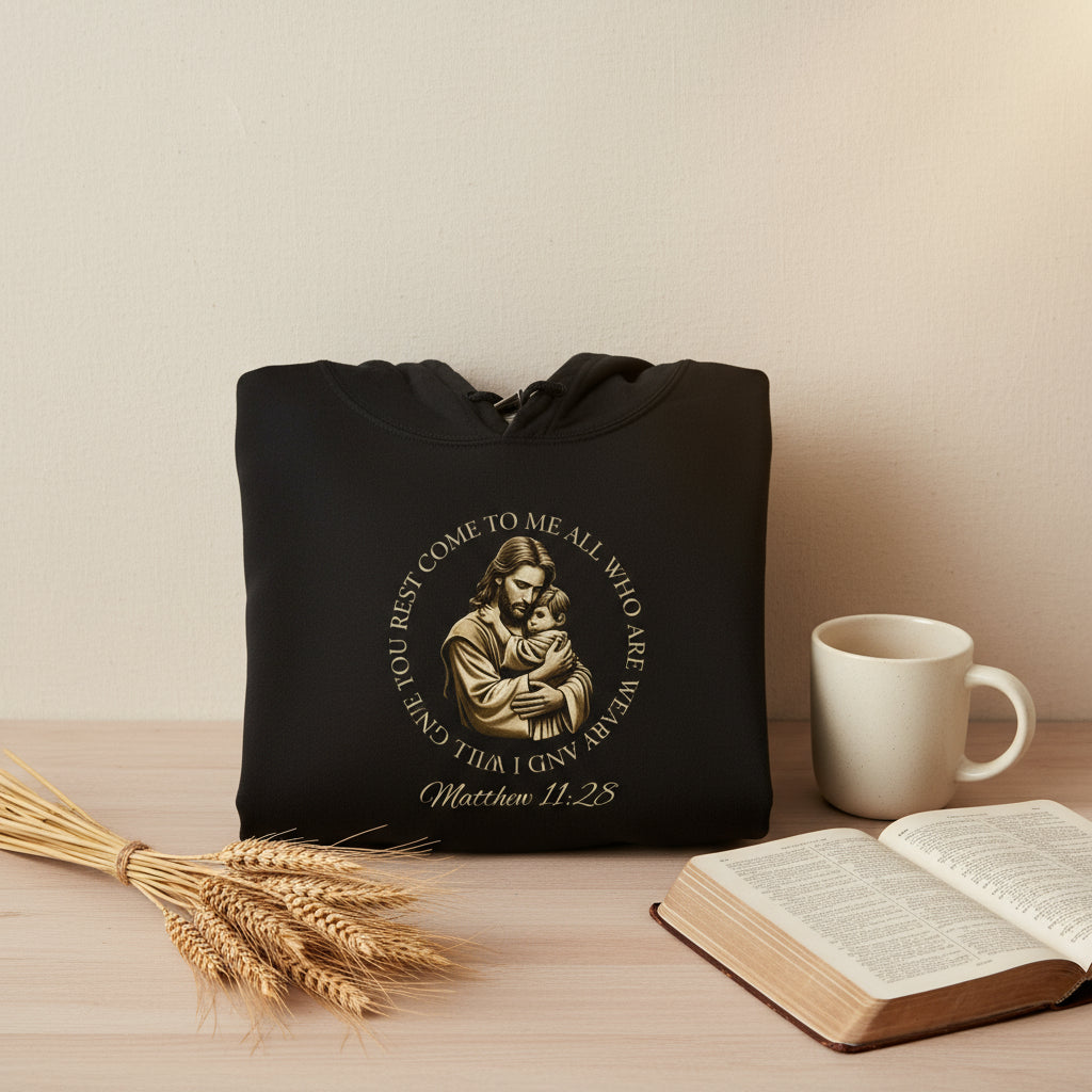 Black hoodie with a graphic design and text on a white background