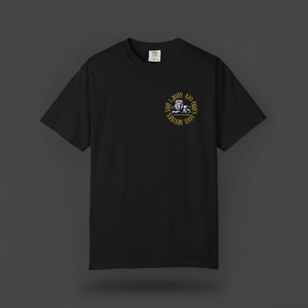 Black t-shirt with a yellow logo on a dark grey background