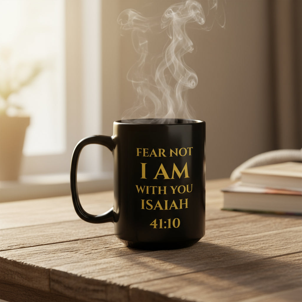 Black mug with gold text 'Fear not I am with you Isaiah 41:10