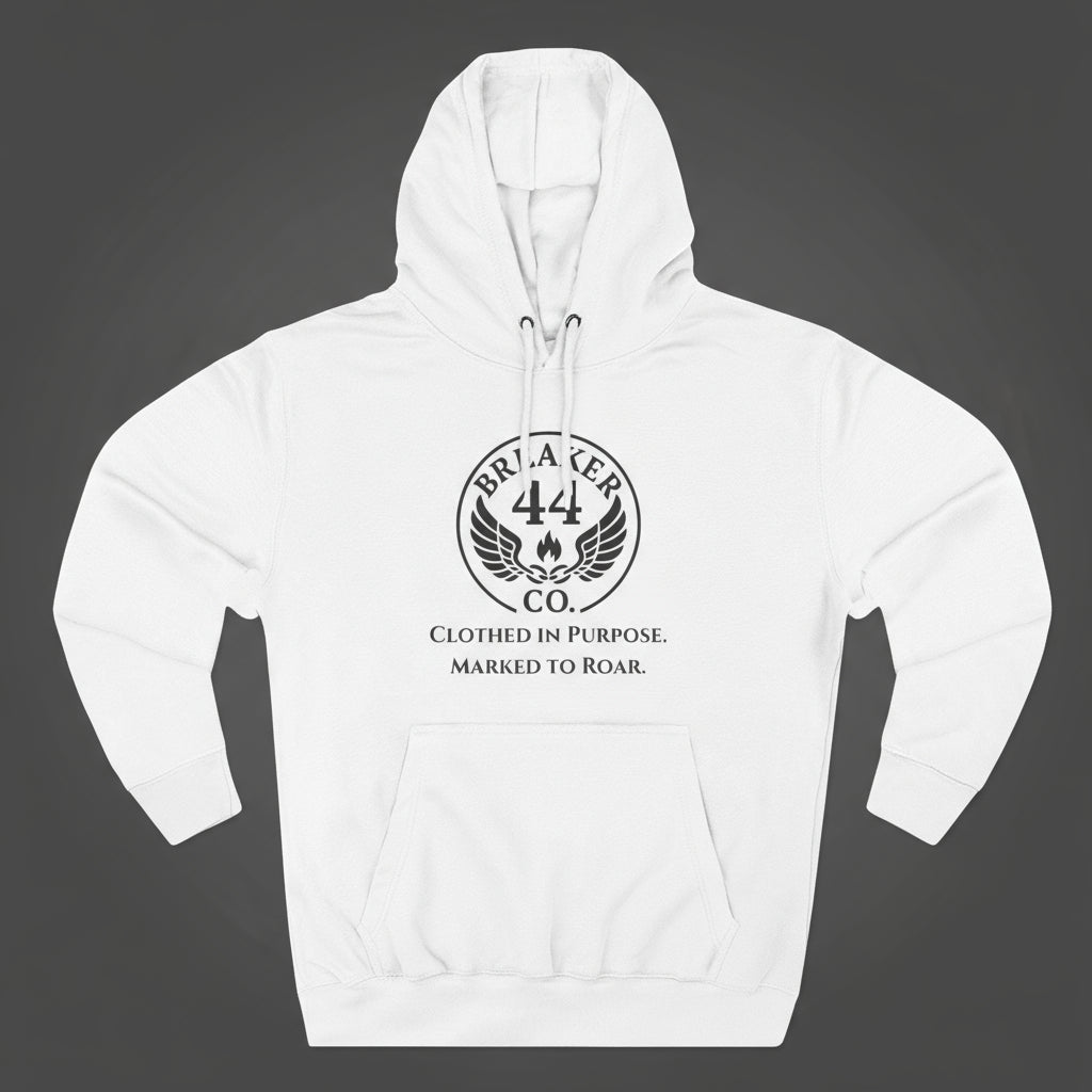 White hoodie with a logo and text on a dark studio background