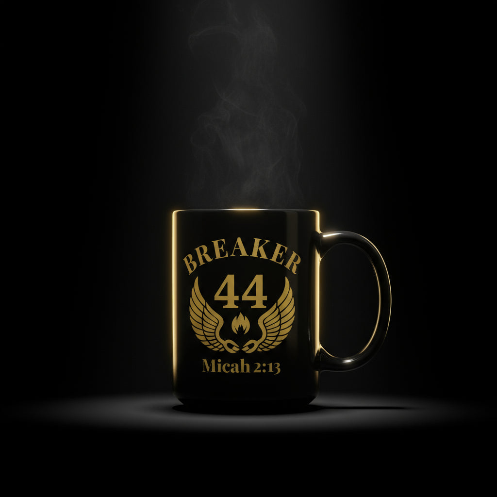 Black mug with gold text and design on a white background